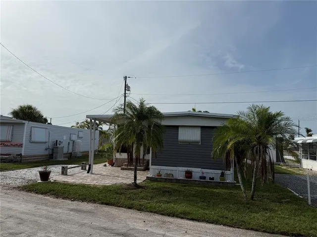 a palm tree sitting in front of a house with a yard