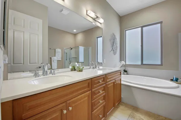 a bathroom with a double vanity sink mirror double and bathtub