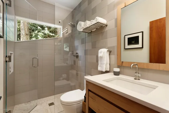 a bathroom with a granite countertop sink a toilet and shower