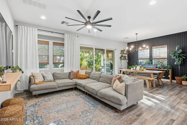a view of a living room and dining room