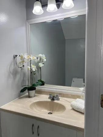 a bathroom with a sink and a mirror