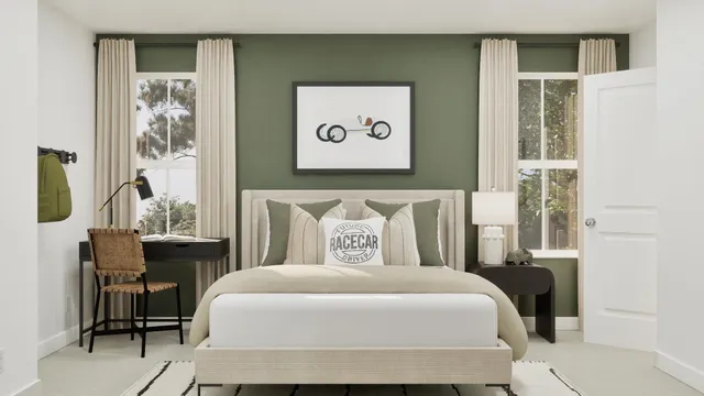 a bedroom with a bed and a table