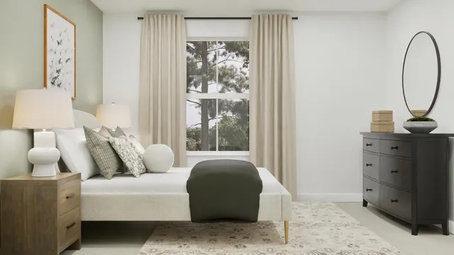 a living room with furniture a lamp and a large window