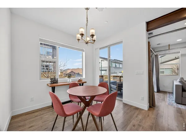 a view of a dining room with furniture window and wooden floor
