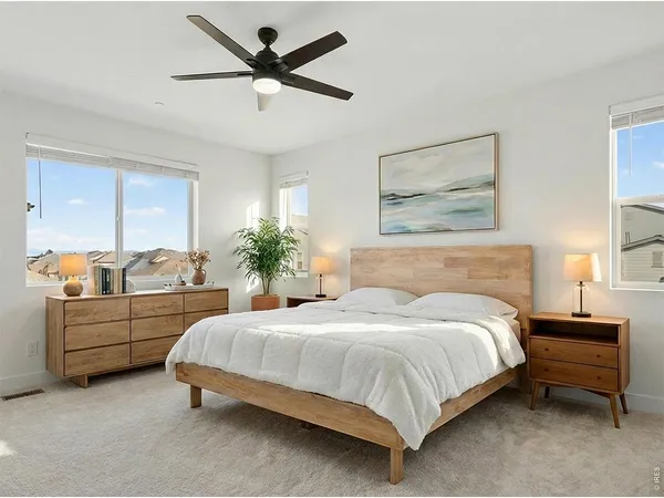 a bedroom with a bed and a furniture