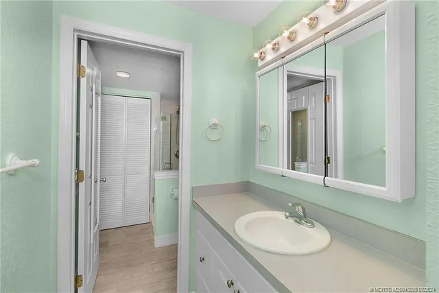 a bathroom with a sink and a mirror