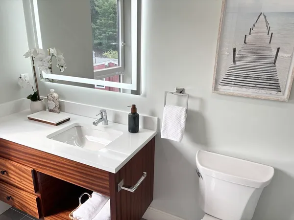 a bathroom with a sink a toilet and a mirror