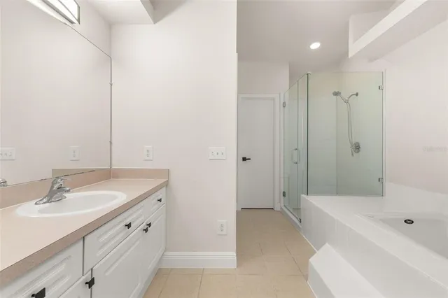 a bathroom with a tub shower sink vanity and a mirror