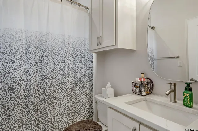 a bathroom with a shower curtain and a sink