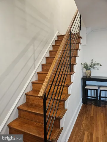a view of walk in closet with wooden floor and stairs