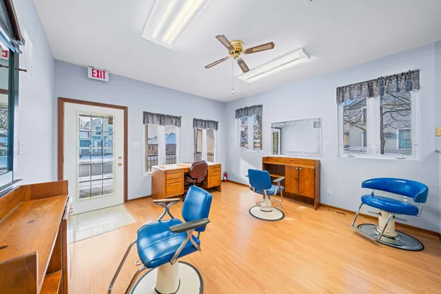 a view of a dining room with furniture
