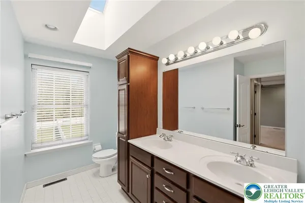 a bathroom with a double vanity sink a toilet and shower