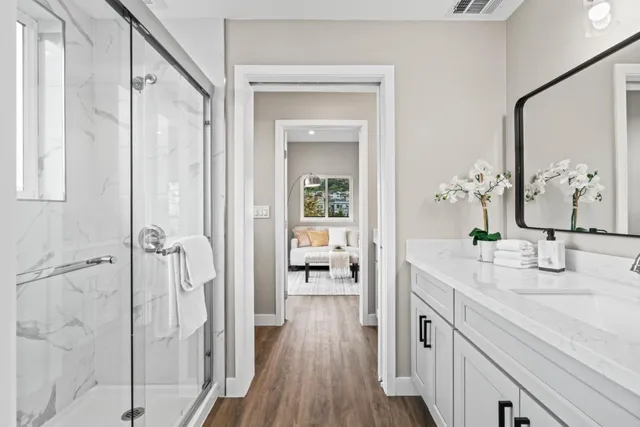 a bathroom with a sink a mirror a vanity and shower