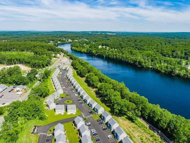 an aerial view of green landscape with trees houses and lake view