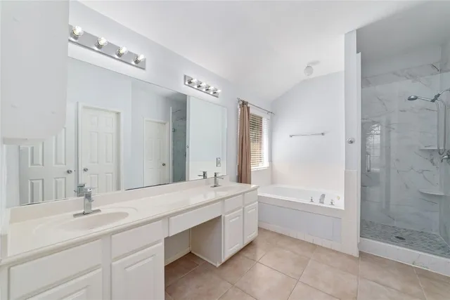 a bathroom with a double vanity sink mirror double and shower