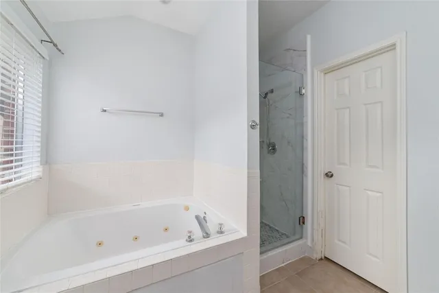 a bathroom with a bathtub and a shower