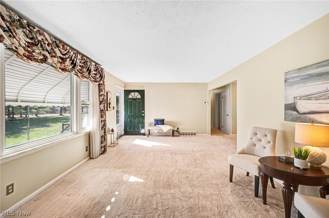 6452 Carsten Road Medina, OH 44256 - Photo 5 of 41 Living area featuring light carpet and a textured ceiling