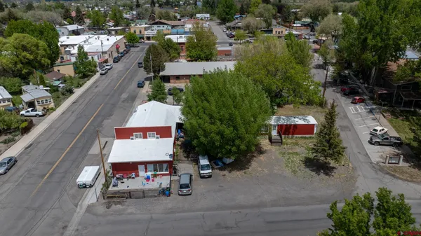 an aerial view of a house with a yard and potted plants