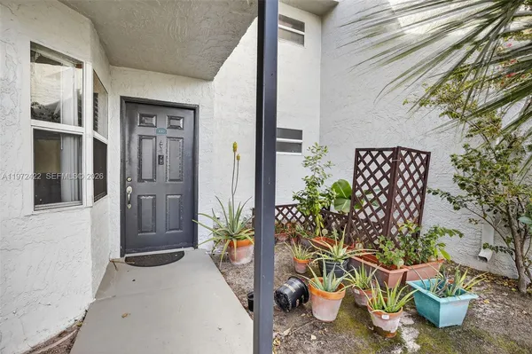 a potted plant sitting in front of a door