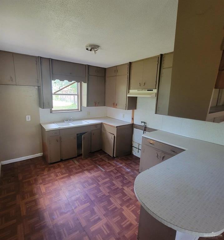 3135 Southmost Road Brownsville, TX 78521 - Photo 7 of 9 Kitchen with under cabinet range hood, a textured ceiling, gray cabinetry, a sink, and light countertops