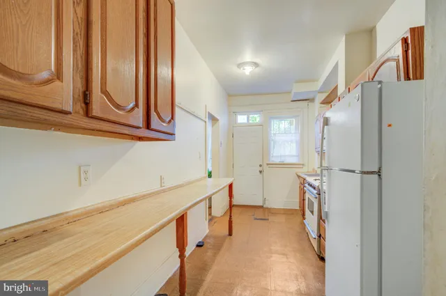 a view of a kitchen with furniture and electronic appliances