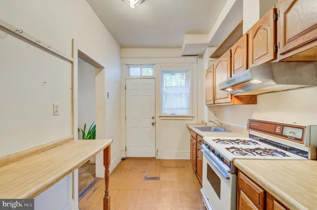 a kitchen that has a stove and a table in it