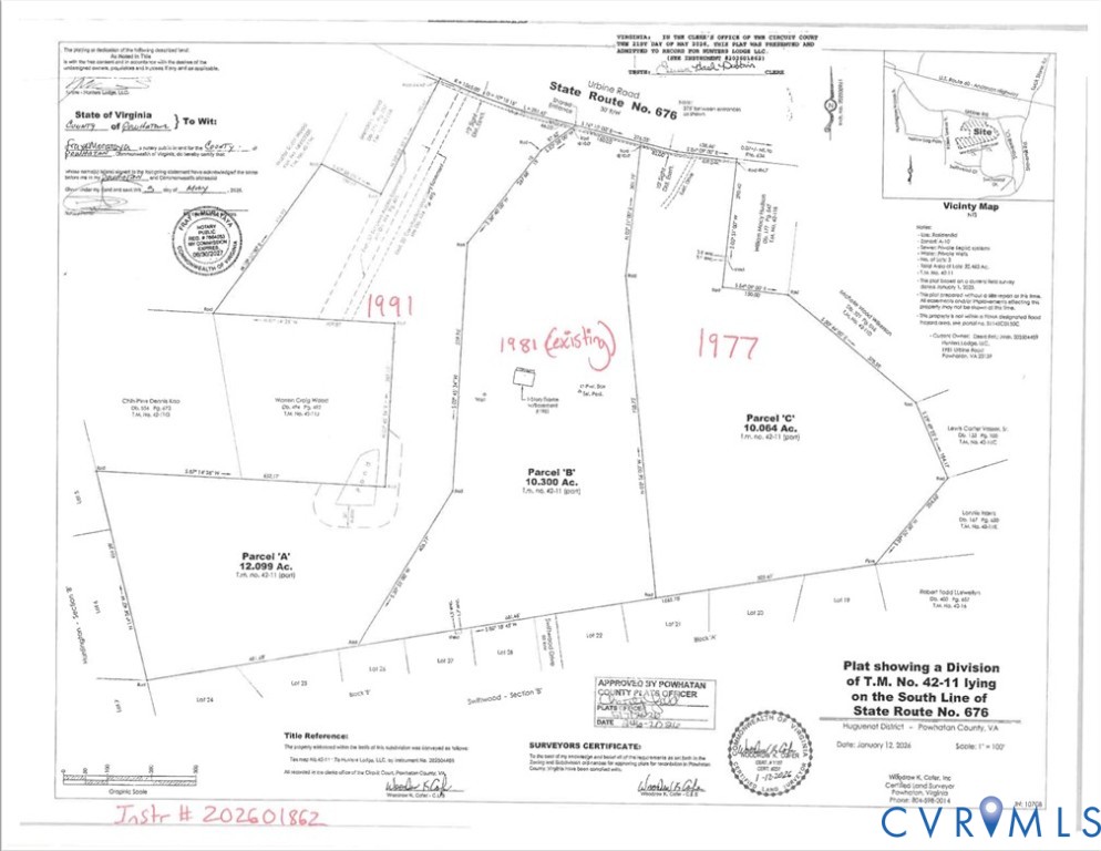 1981 Urbine Road Powhatan, VA 23139 - Photo 1 of 3 Plat. Illustrating a property division along State
