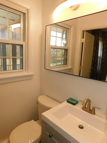 a bathroom with a sink mirror and toilet
