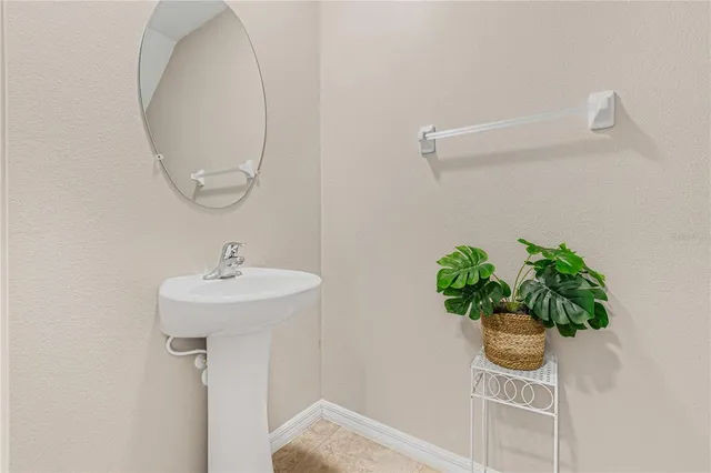 a bathroom with a sink a mirror and a potted plant