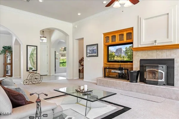 a view of a dining room with furniture window and outside view