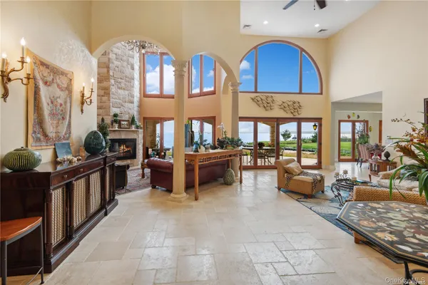 a lobby with furniture and a faucet
