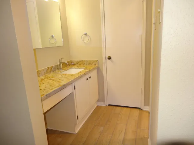 a bathroom with a granite countertop sink and a mirror