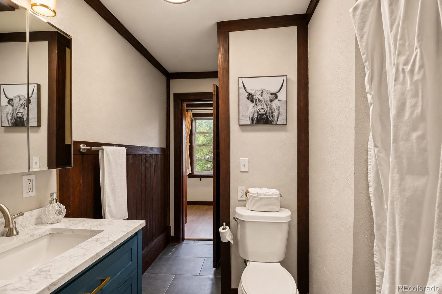 7520 South Blue Creek Road Evergreen, CO 80439 - Photo 15 of 22 a bathroom with a granite countertop sink toilet and shower