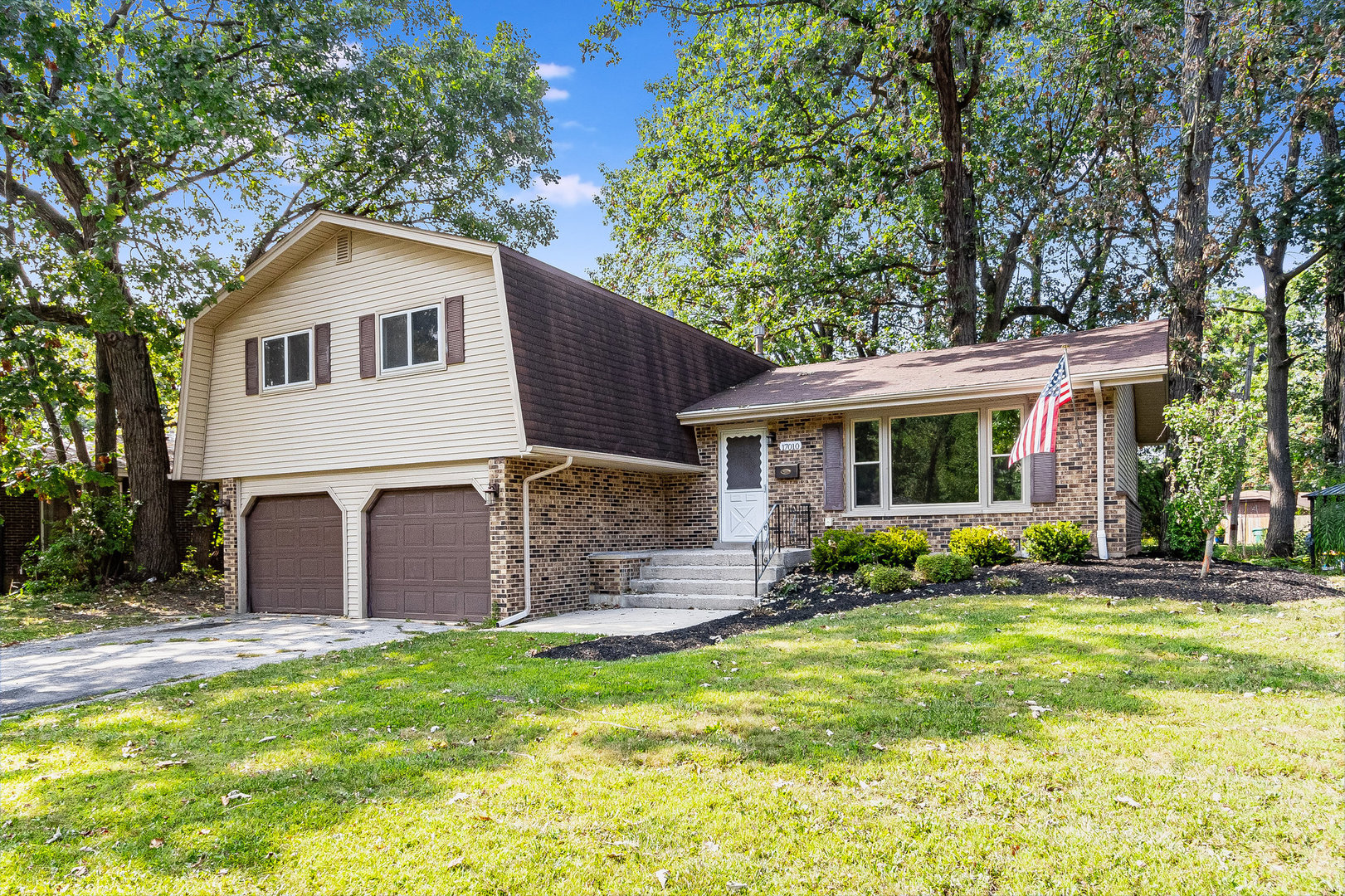 a view of a yard in front of a house with plants and large tree