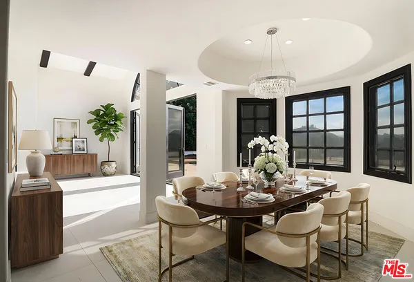 a view of a dining room with furniture and window