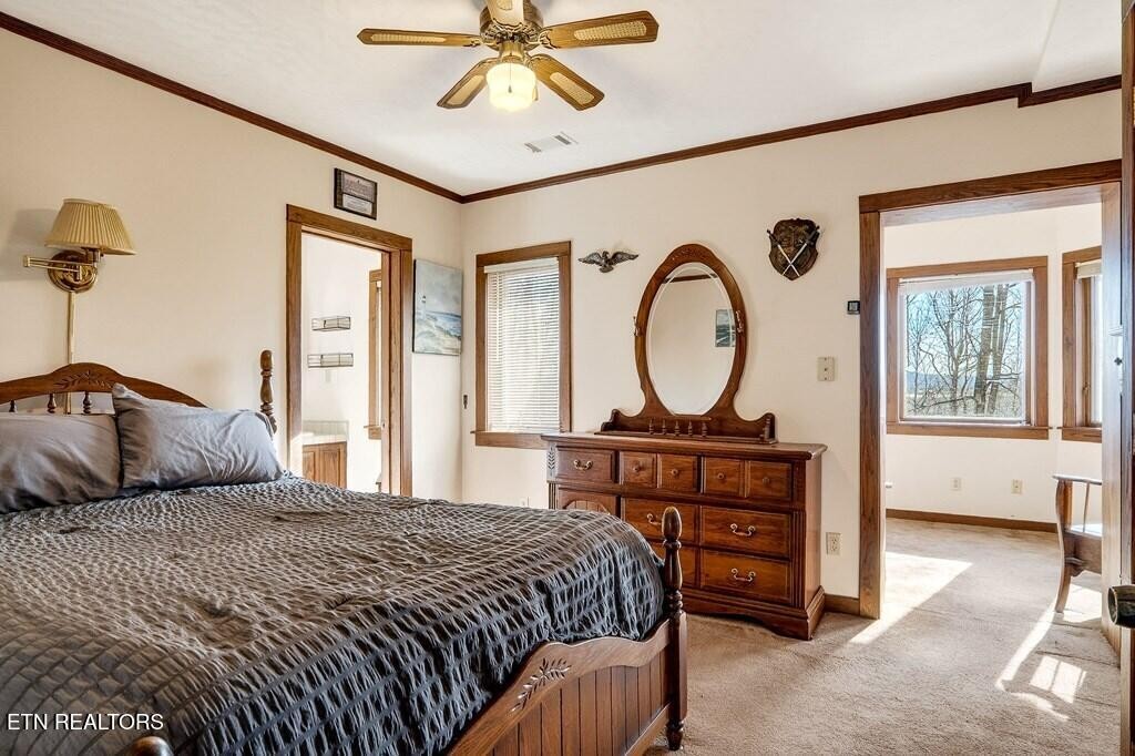 6211 Rocky Point Road Cookeville, TN 38506 - Photo 38 of 59 a bedroom with a bed a dresser and a chandelier