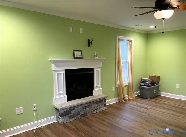 a living room with a fireplace