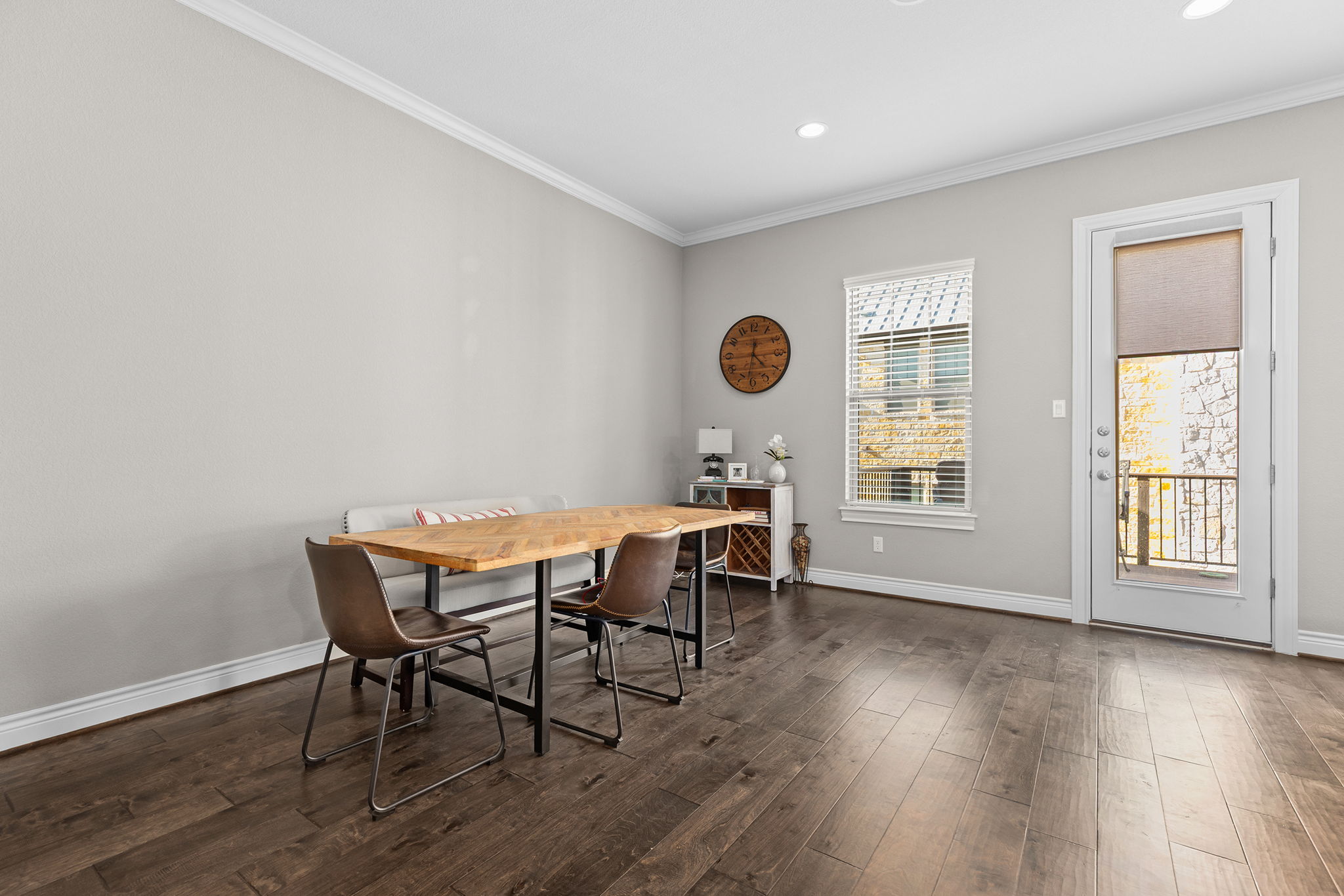 1125 Highknoll Lane Georgetown, TX 78628 - Photo 13 of 40 Dining room featuring ornamental molding, dark wood-style floors, and recessed lighting
