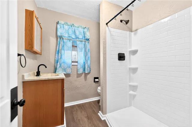 a bathroom with a sink a toilet and shower