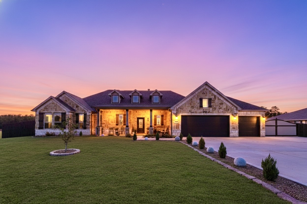 This stunning home features a charming stone exterior with a spacious front porch and a three-car garage. The expansive lawn and paved extended driveway add to its curb appeal.