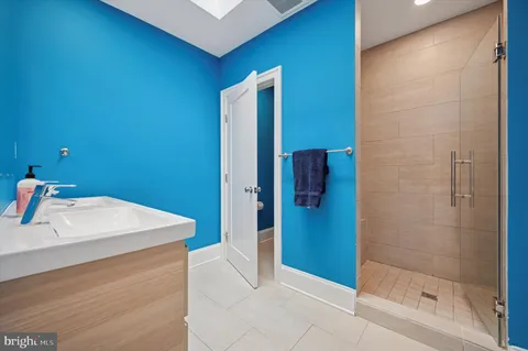 a bathroom with a sink a shower and a mirror