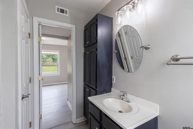 a bathroom with a sink and a mirror