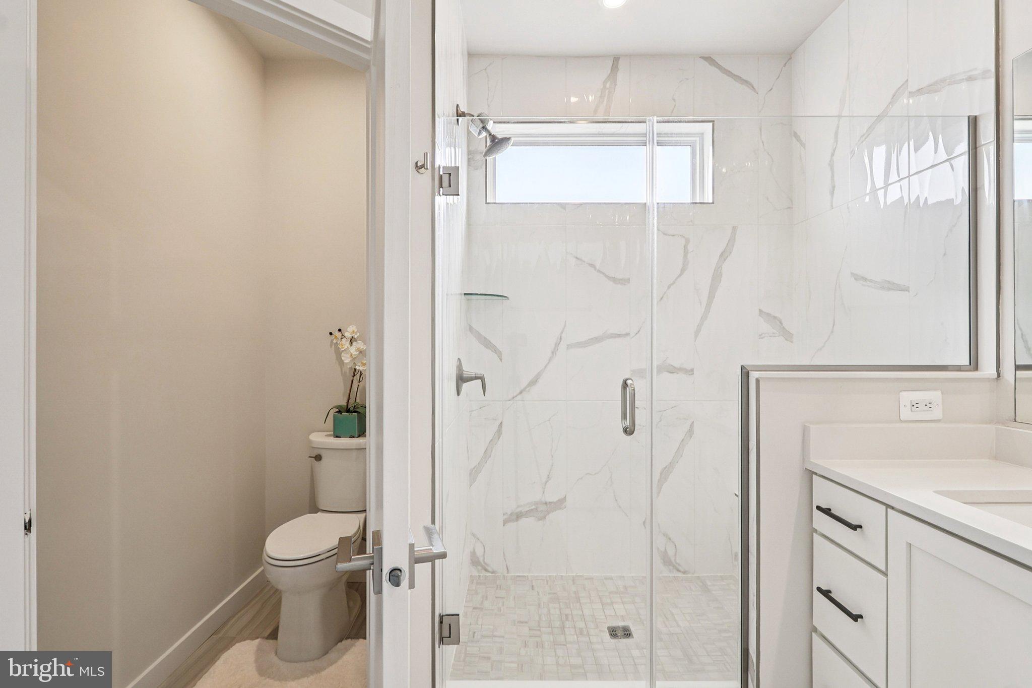 22381 Roanoke Rise Terrace Ashburn, VA 20148 - Photo 33 of 69 a bathroom with a granite countertop shower a toilet and a sink