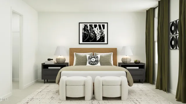 a bedroom with a bed and a mirror