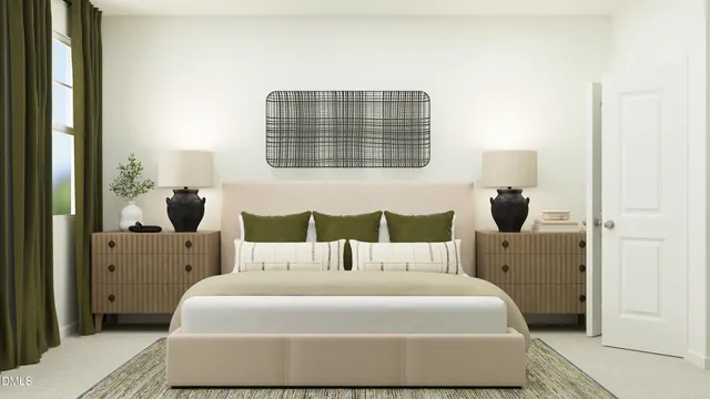 a bedroom with a bed and a mirror