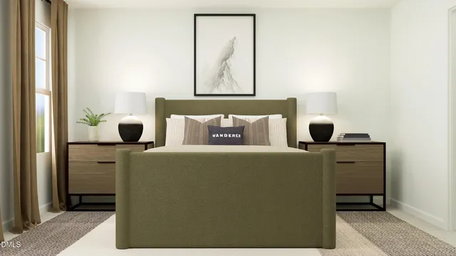 a bedroom with a bed and a mirror