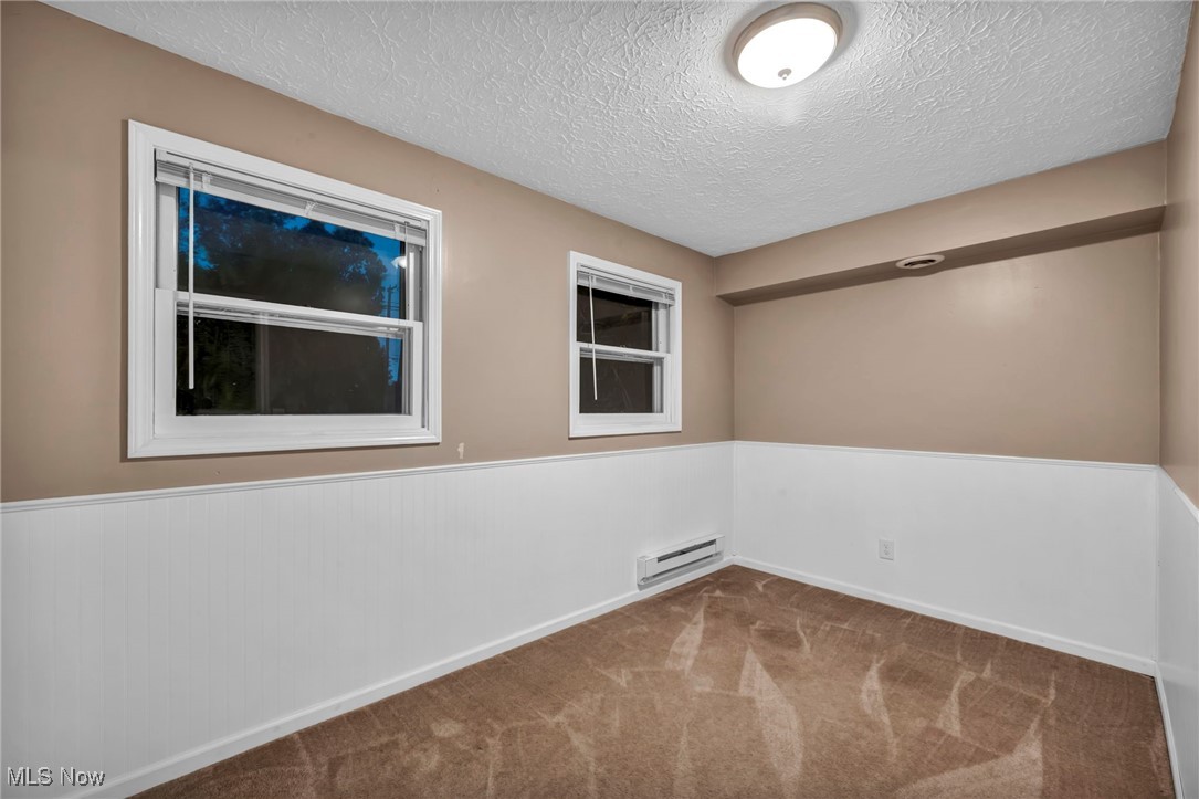 47655 Cooper Foster Park Road Amherst, OH 44001 - Photo 31 of 49 Empty room with a textured ceiling, carpet floors, wainscoting, and baseboard heating