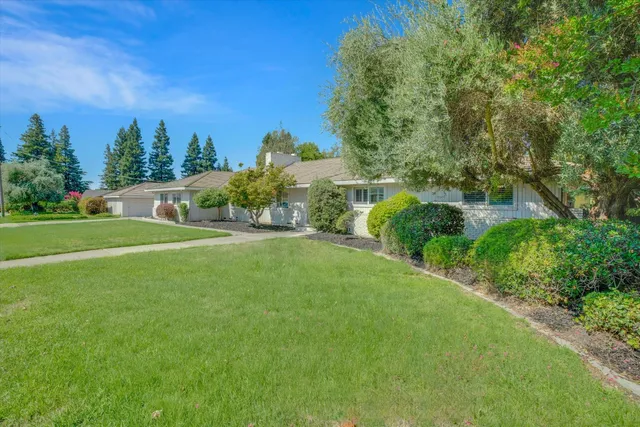 a view of a garden with houses