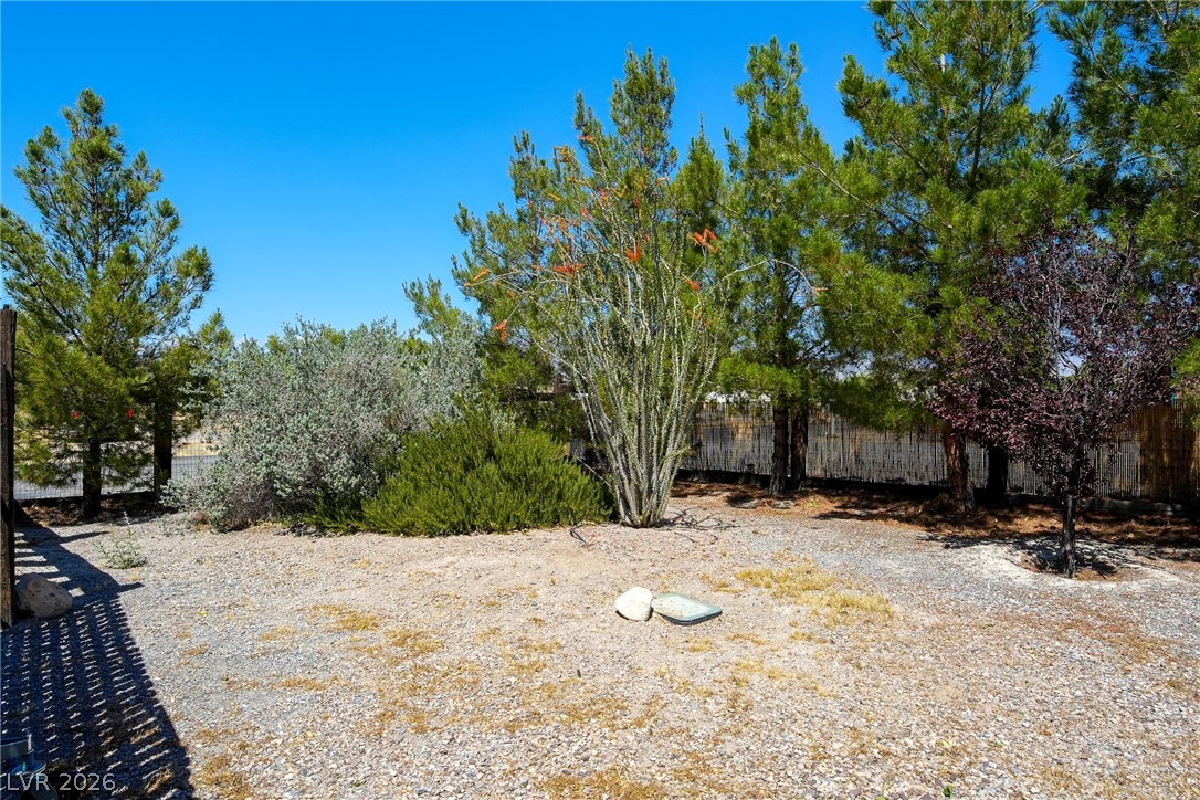 1831 West Horn Road Pahrump, NV 89048 - Photo 33 of 59 A private yard with natural landscaping, mature trees, and fencing offers serene outdoor enjoyment.