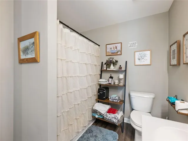 a bathroom with a toilet and a shower curtain